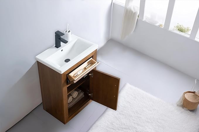 Vanity Art 20 inch Small Bathroom Vanity with Sink, Solid Poplar Wood, Vanity Cabinet with Doors and Removable Shelf, Modern Wood Cabinet with Marble Top, Ceramic Sink, Tan, VA70-20-T
