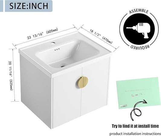 24 Inch Floating Vanity, 24" Bathroom Vanity with Sink, Single Sink Wall Mounted Vanity Combo, Modern Wall Mounted Cabinet Set with Ceramic Sink,White