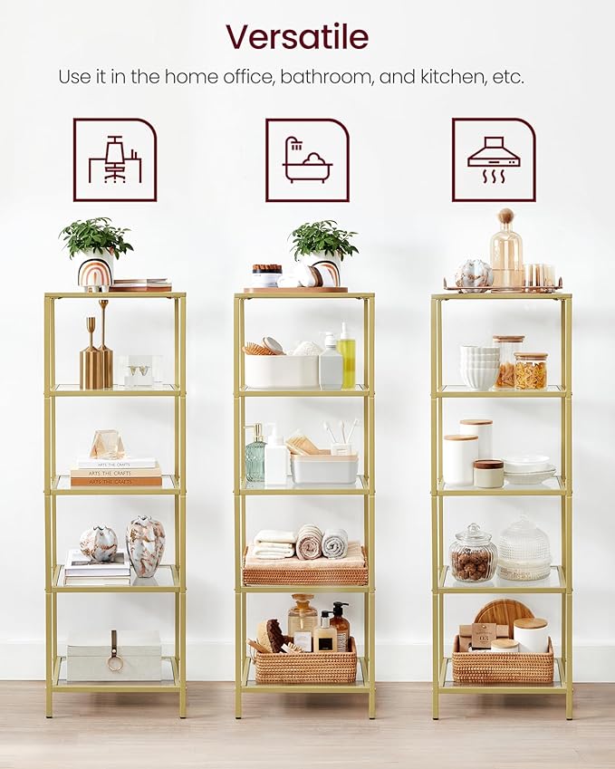 VASAGLE Bookcase, 5-Tier Bookshelf, Slim Shelving Unit for Bedroom, Bathroom, Home Office, Tempered Glass, Steel Frame, Metallic Gold ULGT029A01