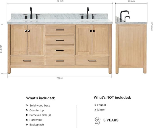 ARIEL Cambridge 72-inch Bathroom Vanity with Sink,Solid Wood, 1.5-inch Italian Carrara Marble Countertop, Double Oval Porcelain Sink, 4 Soft Closing Doors, 6 Dovetail Drawers, White Oak