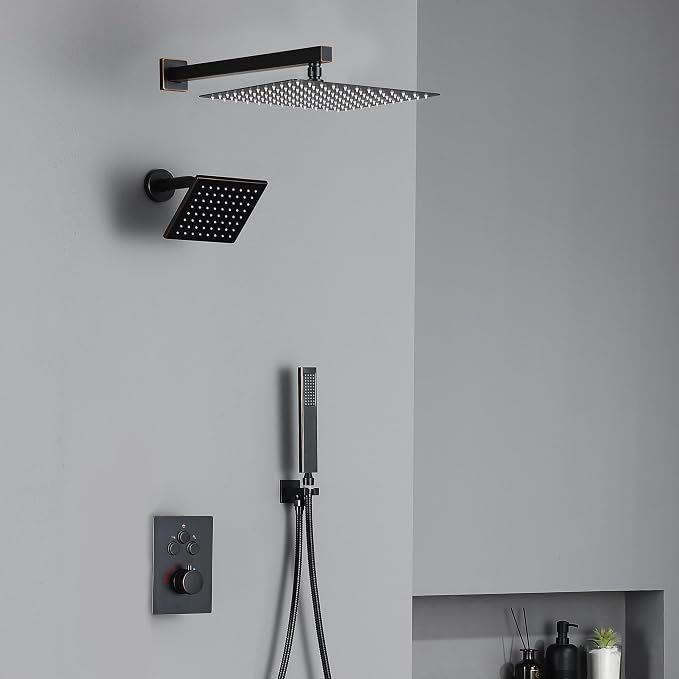 Thermostatic Dual Shower System, Shower Faucet(Oil Rubbed Bronze) | 12 Inch Shower Head, 6 Inch Wall Mount Head, High Pressure Handheld Sprayer, Push Button Valve