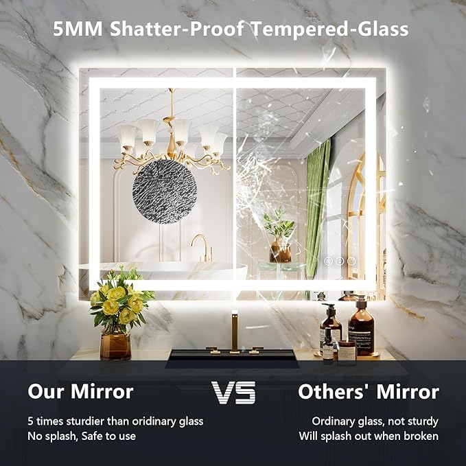 40x30 LED Bathroom Mirror with Lights, Lighted Vanity Mirror | Backlit and Front Light, Anti-Fog, 3 Color Dimmable, Memory, Tempered Glass, IP54 Waterproof, UL Listed
