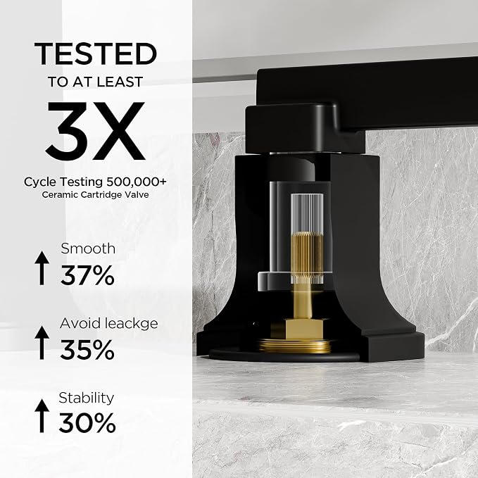 FORIOUS Brass Matte Black Commercial Bathroom Faucets 3 Hole, Waterfall Modern Widespread 8 Inch Bathroom Sink Faucet with Metal Pop-up Drain and Pre-Assembled Hose for Vanity, Restroom,Bathtub
