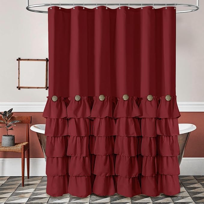 Seasonwood Burgundy Shower Curtain with Nature Buttons Ruffle Shower Curtains Farmhouse Shower Curtain for Bathroom 72" W x 78" L,Burgundy/Red