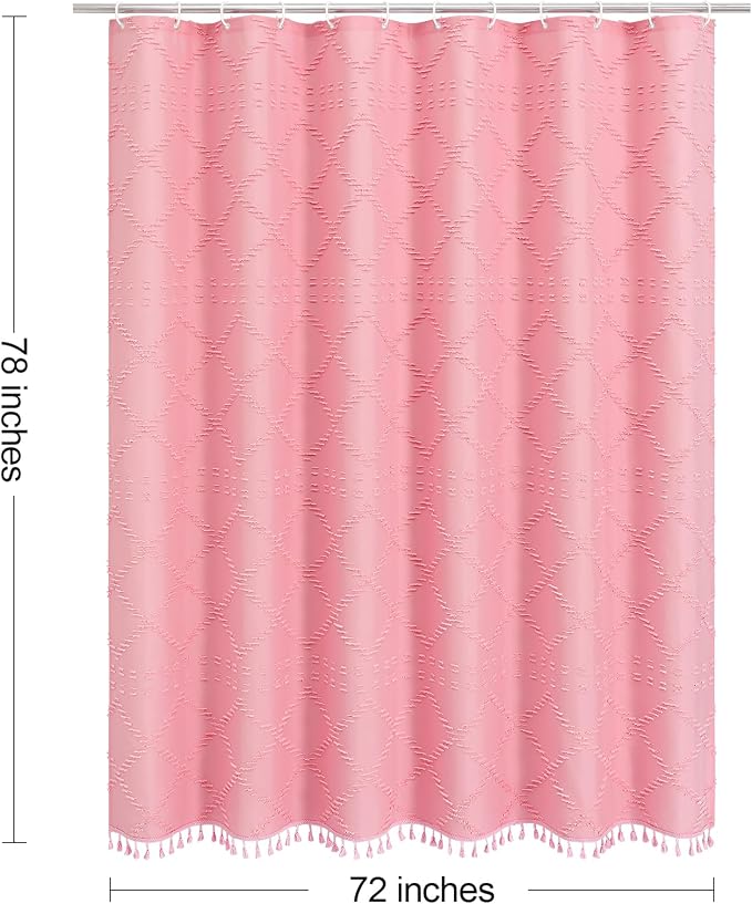 Pink Boho Woven Fabric Shower Curtain with Tassel 72 x 78, Tufted Textured | Modern Farmhouse Curtain for Bathroom, Long Bathroom Curtain, Minimalist Decor, Waterproof
