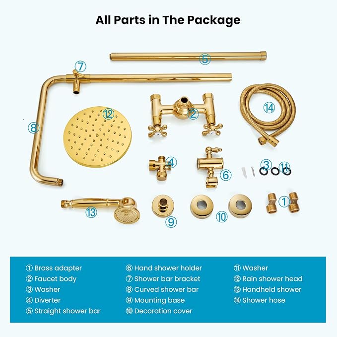 gotonovo Exposed Shower System 8’’ Head with Handheld Polished Gold | Brass Exposed Bathroom Shower Faucet Set Fixture,6’’ Hole Distance,2 Cross Handle,Adjustable Height,Wall Mount Indoor/Outdoor