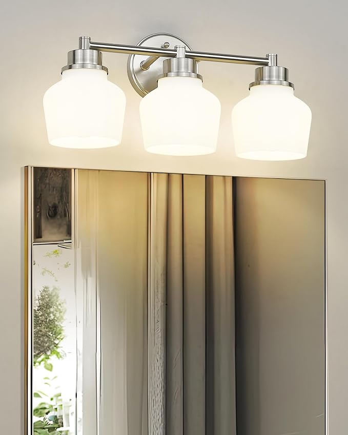 Emak Brushed Nickel Vanity Lights, Modern Milk Glass Bathroom Light Fixtures, 3-Light Bathroom Vanity Light Over Mirror, VL122-BN-ML-3