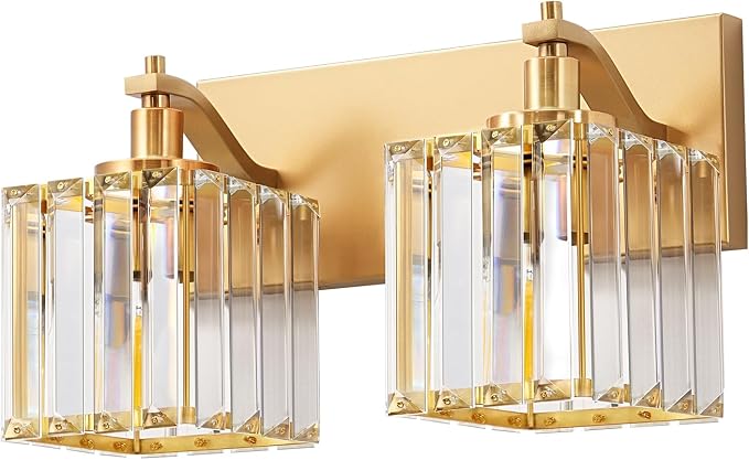 EDISHINE 2-Light Gold Bathroom Vanity Light, E26 Base, Crystal Wall Sconce | Up Down Mounting, Brass Frame, Modern Style Fits Over Bathroom Mirror & Makeup Space