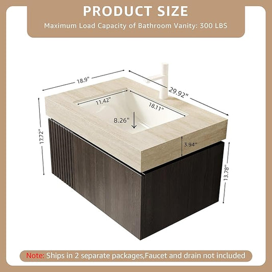 30” Floating Bathroom Vanity with Sink, Wall-Mounted Cabinet with Drawer & Doors, Roma Travertine-Pattern Countertop, Undermount Basin, Single Faucet Hole, Soft-Close, Pre-Assembled, Dark Oak