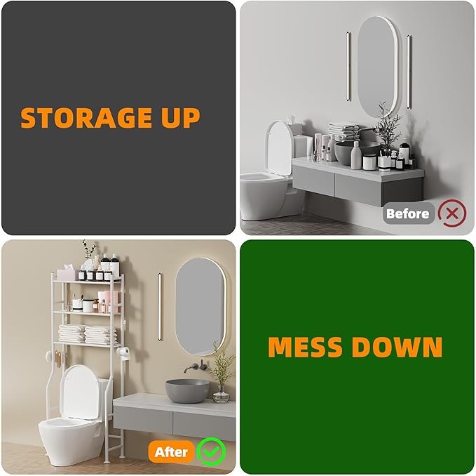 3-Tier Over Toilet Storage with Anti-Tilt Safety System - 150lb Total Capacity Metal Bathroom Shelves Including Paper Holder & 4 Hooks, Space Saving Above Commode Organizer (64" H, White)