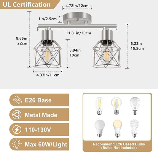 2-Light Brushed Nickel Semi Flush Mount Ceiling Light, Hallway Light Fixtures with Metal Wire Cage, Vintage Adjustable Track Spotlight Ceiling Fixtures for Dining Room, Farmhouse, Entryway