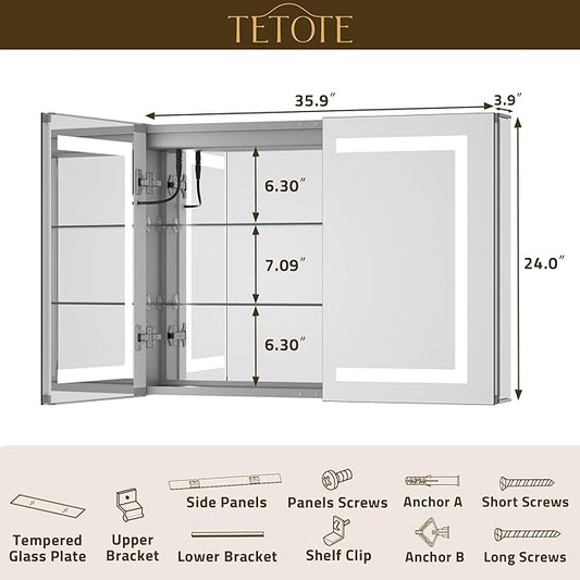 TETOTE LED Lighted Bathroom Medicine Cabinet Mirror with Lights 36 x 24 Recessed or Wall Mounted Cabinet with 2 Door, Tempered Glass, Outlets & USB, 3-Color Stepless Dimming, Defog, Adjustable Shelf