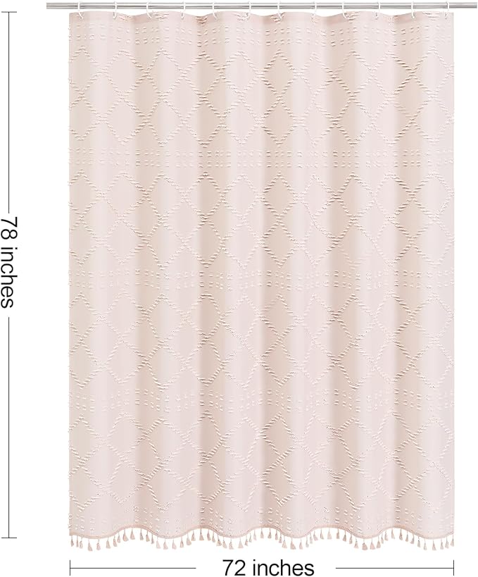 Light Pink Boho Fabric Shower Curtain with Tassel 72x78, Tufted Textured | Modern Farmhouse Curtain for Bathroom, Long Bathroom Curtain, Minimalist Decor, Waterproof