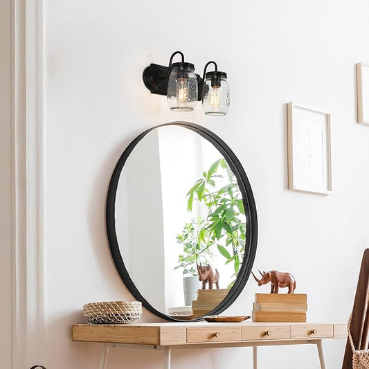 LALUZ Bathroom Vanity Light Fixtures, 2-Light Black Mason Jar Vanity Lights for Bathroom, 14'' Farmhouse Rustic Bathroom Lights Over Mirror