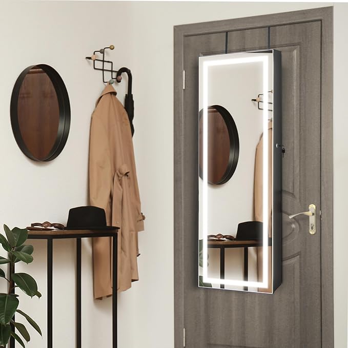 GOFLAME LED Mirror Jewelry Cabinet 47”, Wall/Door Mounted Full Length Mirror with Storage, 3-Color Lights, Interior Makeup Mirror, Jewelry Storage Organizer, Lockable Jewelry Armoire, Black