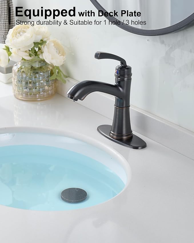 Brass One Hole Bathroom Faucet, 4 Inch Oil Rubbed Bronze Bathroom Faucets 3 Hole, Bathroom Sink Faucet Single Handle, Vanity Sink Faucet with Deck Plate, Pre-Installed Hoses, Pop-up Drain