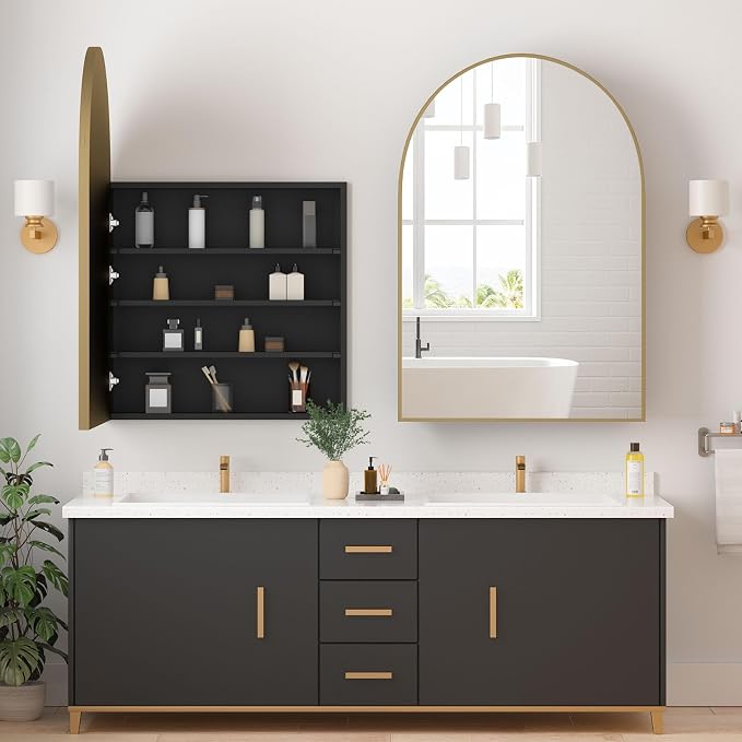Medicine Cabinets for Bathroom, Gold Arched Medicine Cabinet Recessed or Surface Wall-Mounted,Modern Bathroom Vanity Mirror with Storage, Mirrored Cabinet with Adjustable Shelves,24x36 Inch