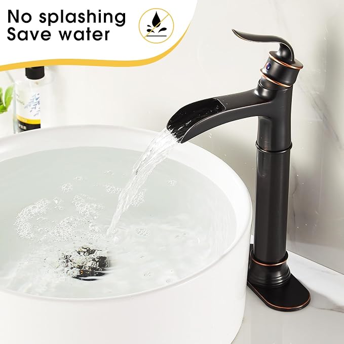 Tall Vessel Waterfall Faucet Bathroom Faucet Single Handle One Hole Oil Rubbed Bronze Finish Large Spout Lavatory Faucets Oil Rubbed Bronze