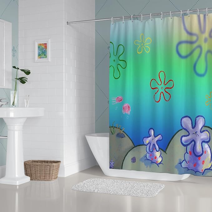 Cute Anime Cartoon Green Ocean Beach Kids Shower Curtain Set 72x78 Inches | Cute Anime Cartoon Green Ocean Beach Print, Gradient Underwater Housewarming Sea Lover Guest Kids Bathroom Decor, With Hooks