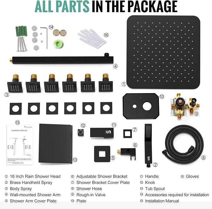 Waist Massage Spray Shower System with 6 Body Jets and Tub Spout, 16'' Full Body Bathtub Shower System with Shower Jet, Wall Mounted Rain Shower and Handheld Shower Faucet Set Complete, Matte Black