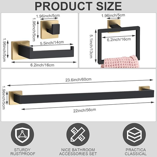 Gisafai 25 Pcs Black Gold Bathroom Hardware Accessories Set 23.6 Inch Bath Towel Bar Kit Stainless Steel Bathroom Hardware Set Towel Racks Ring Robe Hooks Paper Holder for Wall Mounted