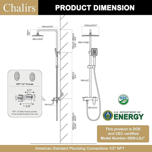 Shower Systems with 12 x8 Inches Rain Shower Head,Brushed Gold Exposed Pipe Shower System,3 Functions Tub Shower Faucet Sets,Overhead Shower System with Handheld
