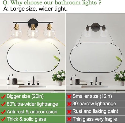 3-Light Bathroom Light Fixtures, Black and Gold Bathroom Lights Over Mirror with Clear Glass Globe Shade, Vanity Lights for Bathroom Kitchen Living Room Hallway Cabinet Bedroom Porch