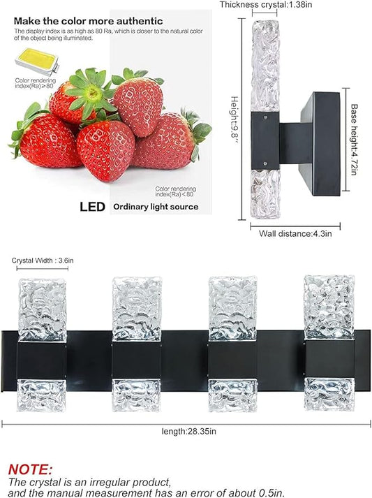 Black Bathroom Light Fixtures Crystal Bathroom Vanity 4 Light Over Mirror Modern LED Wall Light ,6000K Cool Light,40 Watts