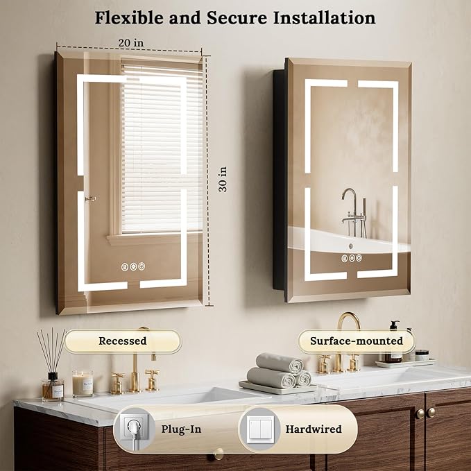 20"X30" Bathroom Medicine Cabinet with Mirror, LED Lighted Medicine Cabinet with Anti-Fog, 3 Colors Temperature Stepless Dimmable, Metal Cabinet for Storage and Mordern Decor, Black