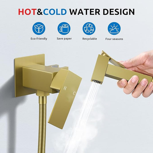 Arofa Built-in Hot and Cold Bidet Sprayer, Hands-Free Control, Brushed Gold | Wall-Mounted Design, Dual Control Modes, Leak-Free Hose, Feminine/Baby/Pet Wash, Cloth Clean & Rinse, Stainless Steel, Square