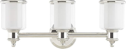 Livex Lighting 40213-35 Middlebush Collection 3-Light Bathroom Vanity Light with Double Shaded Hand Crafted Glass Shades, Polished Nickel, 23.5 x 6.5 x 9