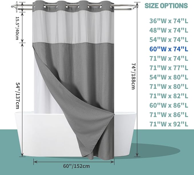 eachope No Hook Waffle Shower Curtain with Snap-in Liner, 60x74 Inch, Grey | 230GSM waffle weave fabric, waterproof liner set with 2 bottom magnets, mesh window, washable, for shower stalls or bathrooms
