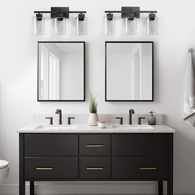 3-Light Bathroom Light Fixtures, Matte Black Modern Vanity Lights, Bathroom Lighting Fixtures Over Mirror, Square Design Farmhouse Wall Sconces with Clear Glass Shades