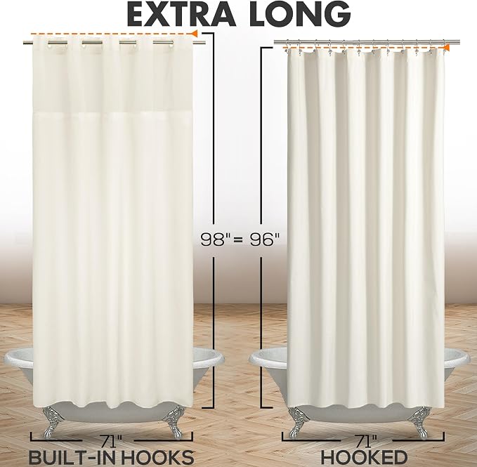 Extra Long No Hook Slub Textured Shower Curtain with Snap-in PEVA Liner Set - 71" x 98"(96"), Hotel Style with See Through Top Window, Cream Fabric Curtain & Waterproof Liner, Sand, W71xH96 | 71W x 98H, Snap on/off Waterproof PEVA Liner, See Through To...