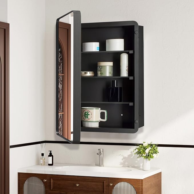 20’’x26’’ Medicine Cabinet,Metal Framed Medicine Cabinet Mirror with Round Corner,Recessed and Surface Mount Bathroom Mirror with Storage, Removeable Shelves,Dark Gray Frame