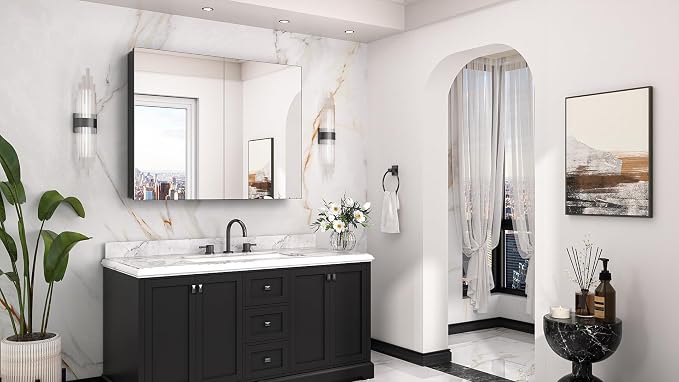 Keonjinn 40" x 32" Large Black Medicine Cabinet Mirror, Safe Tempered Glass | Assembly Needed, Freely Adjustable Shelves, Recessed or Wall Mount, Ample Storage, Soft Closing DTC Hinges, Lightweight