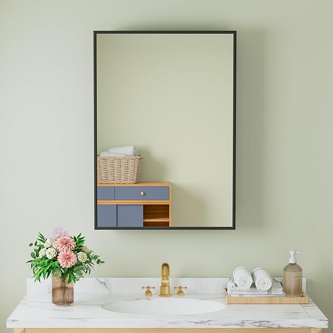 Buruis 20 x 28 Inch Framed Medicine Cabinet Mirror, Recessed/Wall Mounted | Fully Assembled, Fits 19-5/16 x 26-13/16 Inch Rough Opening, Adjustable Glass Shelves, Bathroom Storage Cabinet, Black