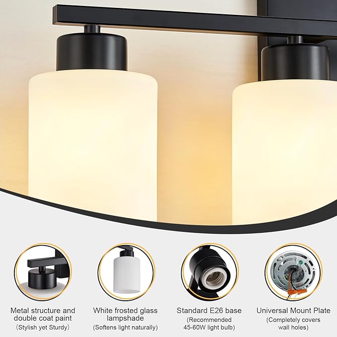 FonmYim Black Bathroom Light Fixtures Vanity Lights Over Mirror | Modern 5-Light lighting fixtures for bathroom with Milky White Frosted Glass Shades, E26 Socket (Bulbs Not Included)