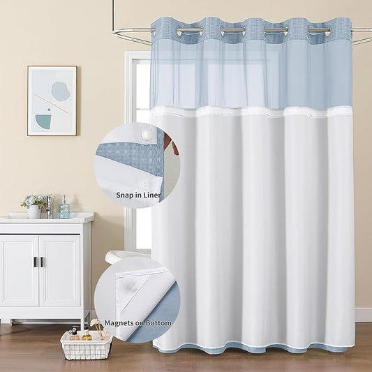 Colorful Star Waffle Weave No Hook Shower Curtain, 72 x 75 Inch, Fog Blue | Heavy Duty Thick Shower Curtain Sets with Snap in Fabric Liner and Mesh Top Window, Hotel Style Waterproof Bathroom Curtain