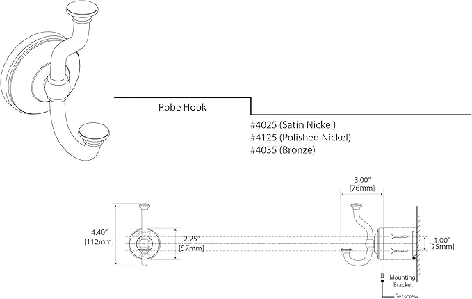 Gatco 4025 Tavern Robe Hook, Satin Nickel / 4.40" H Robe Hook, Towel Hook for Bathroom