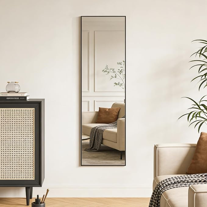 48x14 Inch Full Length Mirror Over the Door Hang or Wall Mounted Black | HD Tempered Glass, Aluminum Frame Rect Full Body Dressing Make-up Mirrors for Bedroom, Bathroom, Entryway, Living Room