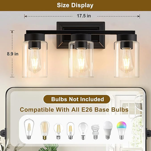 Bathroom Lights Over Mirror, 3 Light Bathroom Light Fixtures with Clear Glass Shade Modern Matte Black Vanity Lights Lighting for Bathroom, Mirror, Living Room, Bedroom, Hallway