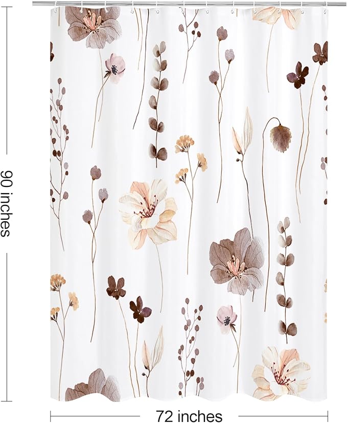 Brown Beige Watercolor Floral Fabric Shower Curtain, 72x90 | Waterproof Fabric, Modern Minimalist Floral Print, Machine Washable, Rustproof Grommets, for Bathroom Home, Extra Long