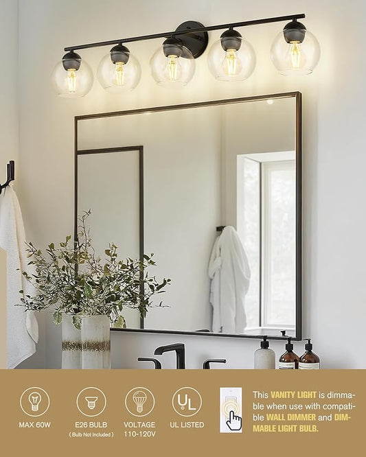Emak 37 Inch Black Bathroom Light Fixtures Over Mirror, Modern 5-Light Vanity Lights with Clear Glass Shade, Farmhouse Globe Vanity Light for Bathroom, VL114-BK-CG-5