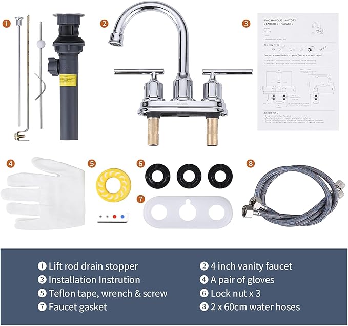 WOWOW Chrome Bathroom Faucet 3 Hole Bathroom Sink Faucet 2 Handle Faucet Centerset 4 inch Vanity Faucet Modern Water Tap with Lift Rod Drain Stopper and Supply Lines
