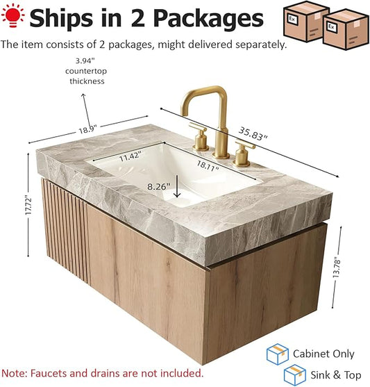 36" Floating Bathroom Vanity with Sink, Modern Plywood Storage Cabinet with Drawer and Door, Gray Sintered Stone Top and 3 Pre-drilled Faucet Holes Ceramic Basin, Pre-Assembled, Light Oak