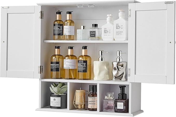 VEVOR Bathroom Wall Cabinet, 23" W x 24" H Storage Medicine Cabinet Wall Mounted, Hanging Organizer with Shelves & Open Partition for Laundry Room Kitchen Restroom, White