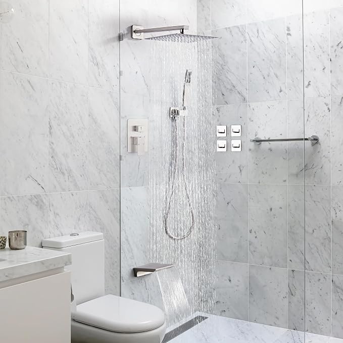 Shower Faucet Set Complete with Tub Spout Shower System Wall Mounted with 12 inch Rainfall Shower Head and Handheld Shower Rain Shower Combo for Bathroom, Brushed Nickel