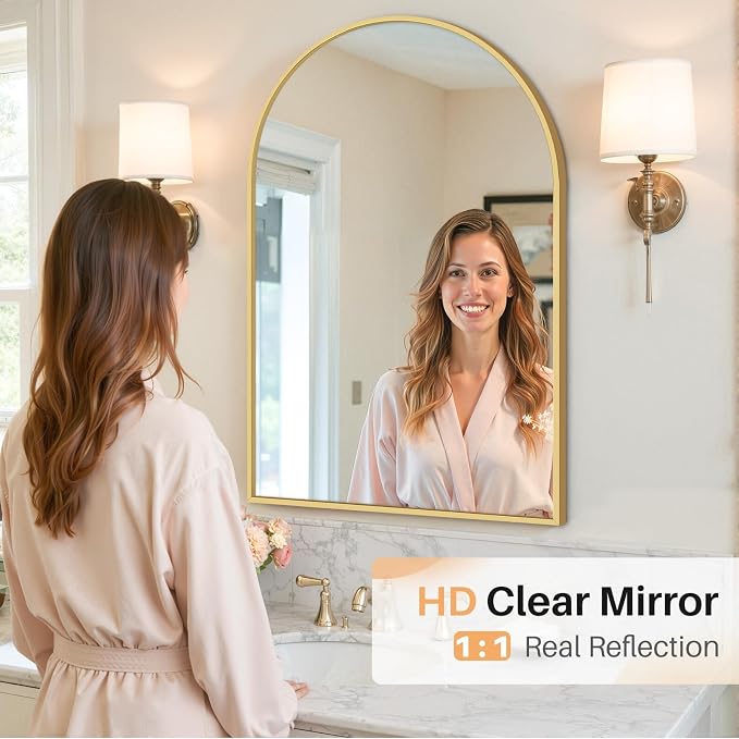 Bathroom Mirror for Wall, 36x24 Inch Arched Mirror, Matte Gold Metal Framed Bathroom Vanity Mirrors for Restroom Farmhouse, Anti-Rust, Tempered Glass, Hanging or Leaning
