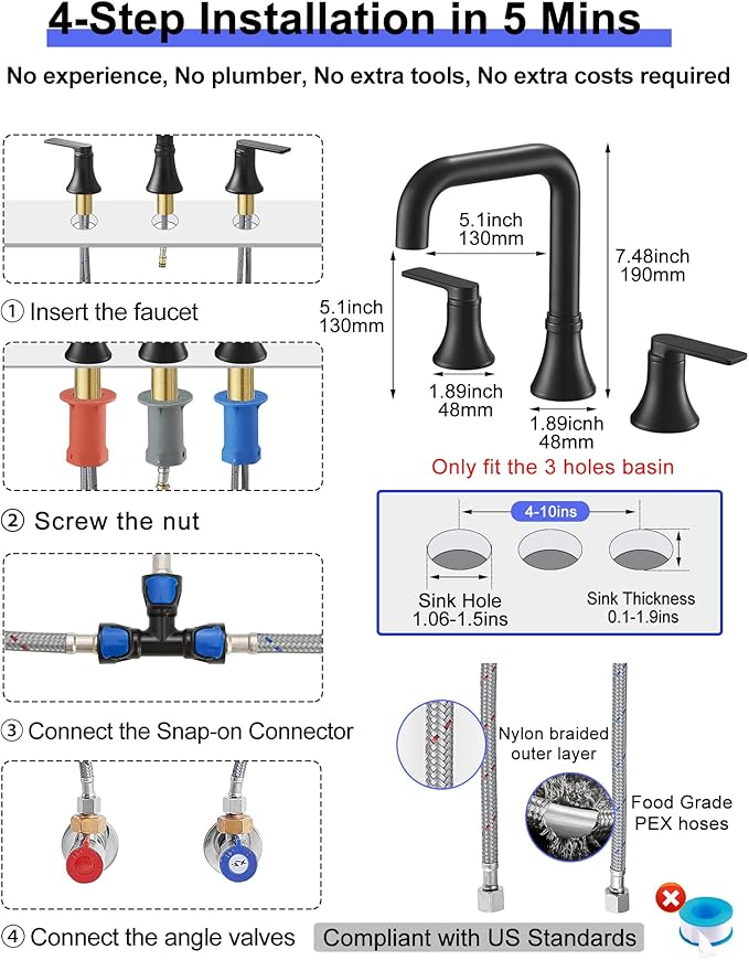 Black Bathroom Faucet Widespread 360 Degree Swivel Bathroom Faucets for Sink 3 Hole 4-10 Inch, 2 Handles Bathroom Sink Faucet with Pop-Up Drain & Water Supply Hose for Hotels, Rental Houses, RV